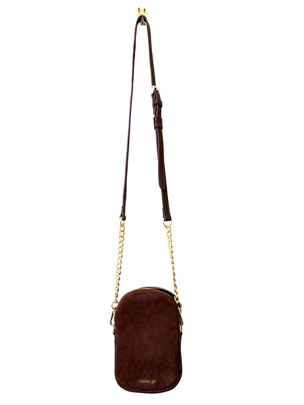 Madden Girl Dark Brown Suede Crossbody with Gold Chain Strap